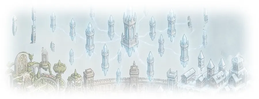 Des tours de cristal suspendues dans les airs, reliées par des arcs de lumière, au-dessus d’une cité aux toits clairs.