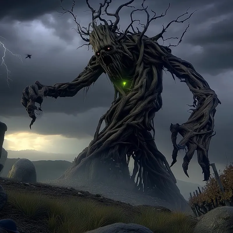 Une créature de bois et de racines, un point de lumière verte au creux de la poitrine, sous un ciel d’orage