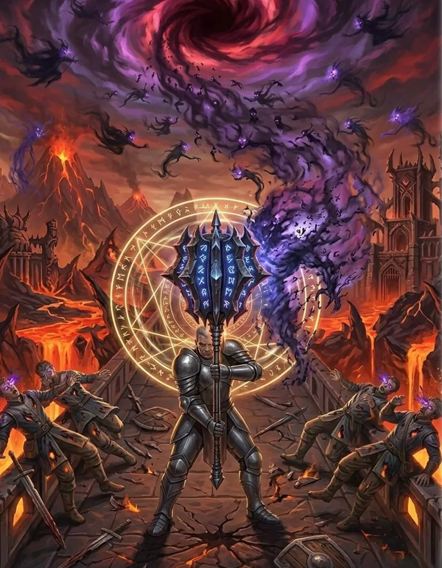 Illustration de couverture : un chevalier en armure brandit une masse d’arme couverte de runes bleues sur un pont ravagé, entre des coulées de lave, sous un ciel où tourbillonnent des ombres violettes.