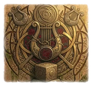 Une lyre entrelacée de roses rouges, entre deux petites lyres, sur un cube de pierre.