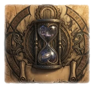 Un sablier dont le sable est remplacé par des étoiles, entre deux colonnes de bronze gravées de runes.