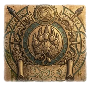 Une patte d’ours enserrant une pousse de chêne, dans un cercle de runes.