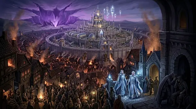 Une cité fortifiée sous un ciel violet, des processions en robes claires dans les rues