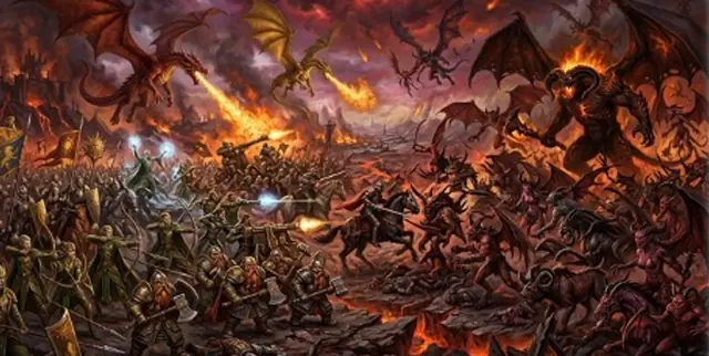 Une immense bataille où des dragons crachent le feu sur des légions démoniaques