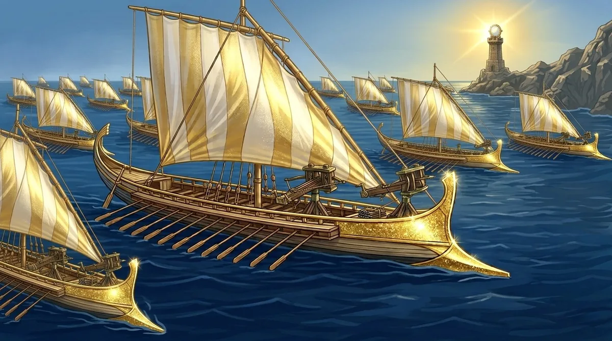 Des navires aux voiles dorées voguant vers un phare.