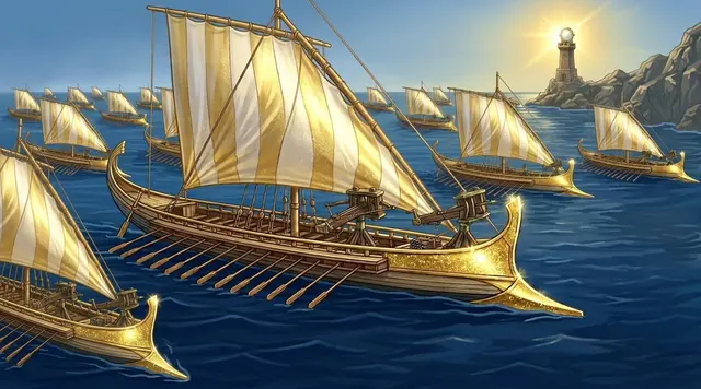 Des navires aux voiles dorées voguant vers un phare