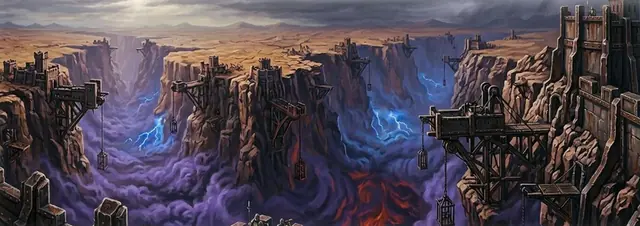 Des fortifications de bois et de fer accrochées aux parois d’un canyon rempli de brumes violettes