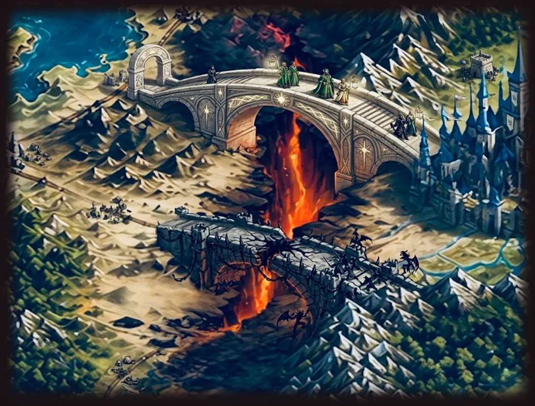 Vue en perspective de deux ponts jetés au-dessus d’une brèche de lave : un pont de pierre blanche gravé d’étoiles avec des silhouettes en vert et un pont de fer hérissé de ronces noires.
