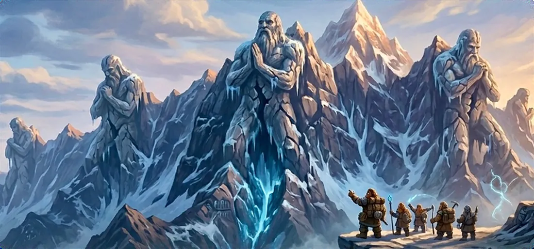 Des géants de pierre fondus dans des sommets enneigés, parcourus de veines bleues lumineuses, au-dessus de petits voyageurs.