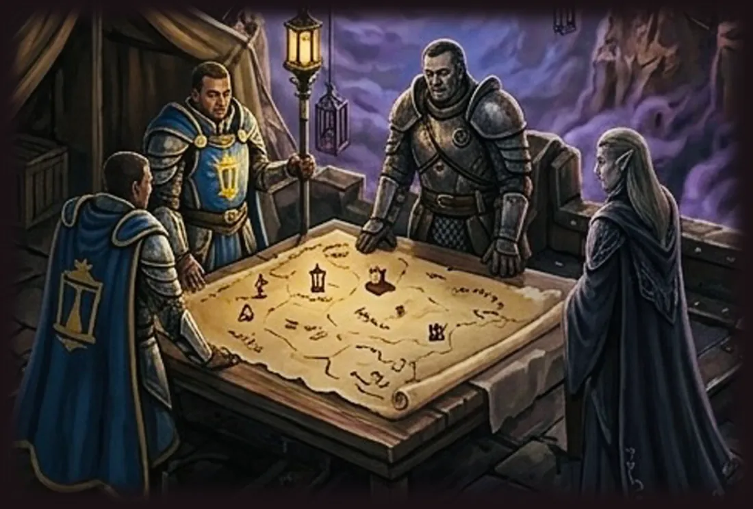 Quatre personnages penchés sur une carte posée sur une table, sous un ciel d’orage violet : deux soldats, l’un en tabard bleu orné d’une balance, une silhouette encapuchonnée et une elfe.