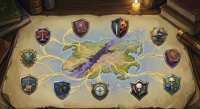 Une carte du continent sur un bureau d’archiviste, traversée d’une balafre violette, avec les onze blasons des guildes reliés par des fils de lumière dorés.