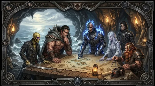 Sept capitaines pirates penchés sur une carte, à l’entrée d’une grotte ouvrant sur la mer : un squelette aux yeux violets, un colosse en peau de bête, un guerrier aux flammes bleues, une elfe pâle et un nain à la barbe rousse.