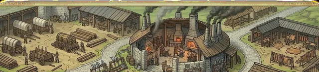 Un carrefour de la Grande Route : entrepôts, chariots chargés de bois et de grain autour d’une forge aux hautes cheminées.