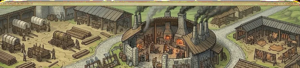 Un carrefour de la Grande Route : entrepôts, chariots chargés de bois et de grain autour d’une forge aux hautes cheminées.