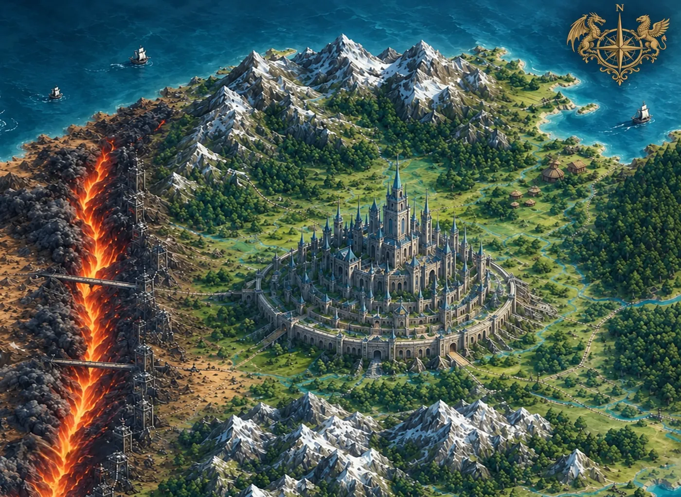 Carte du royaume d’Edrassia : la cité au centre d’un plateau, la Faille à l’ouest, les Montagnes de Pierre au sud.