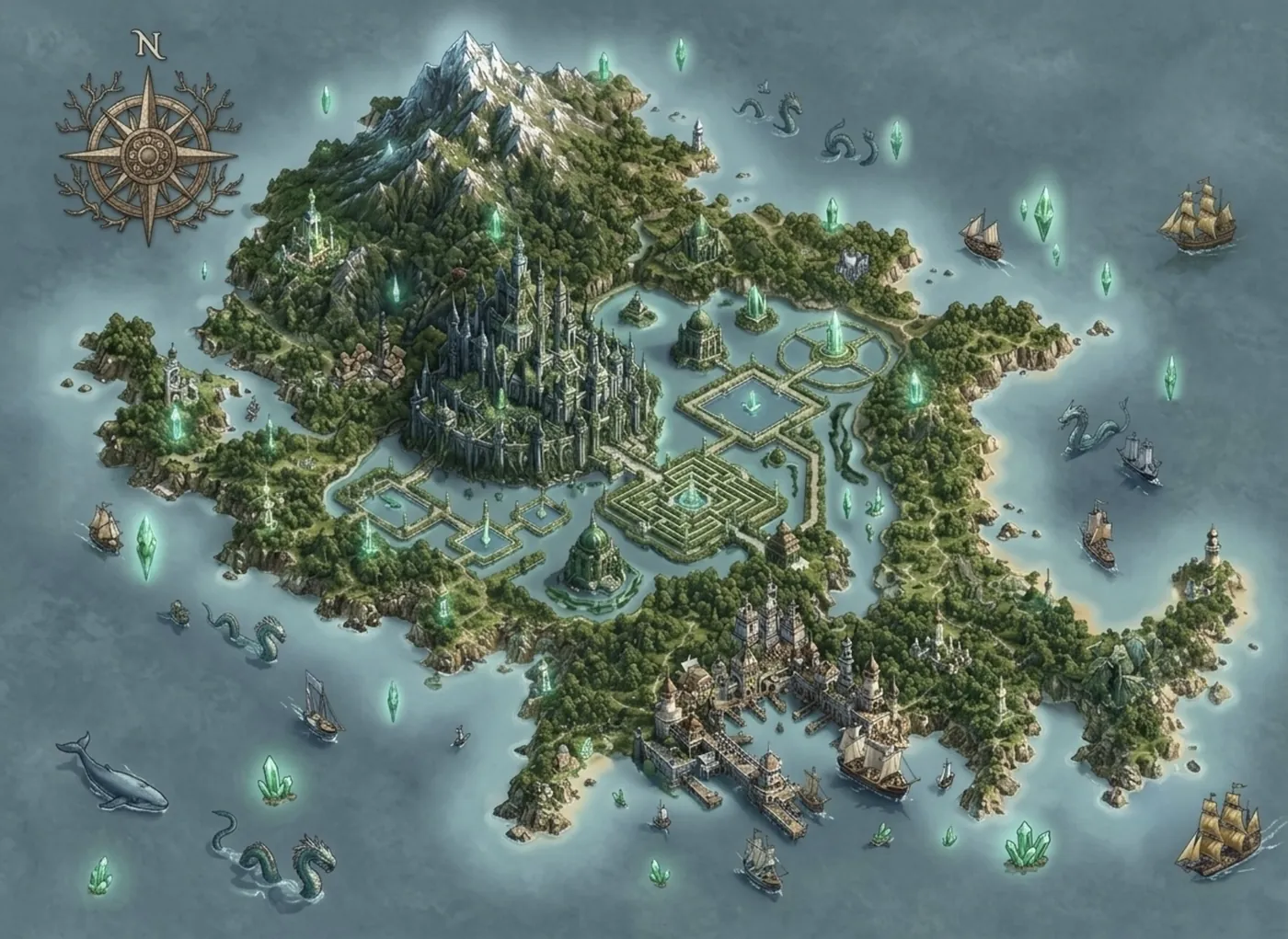 Carte de l’Île d’Émeraude : Ombrelle et le port Girevande.
