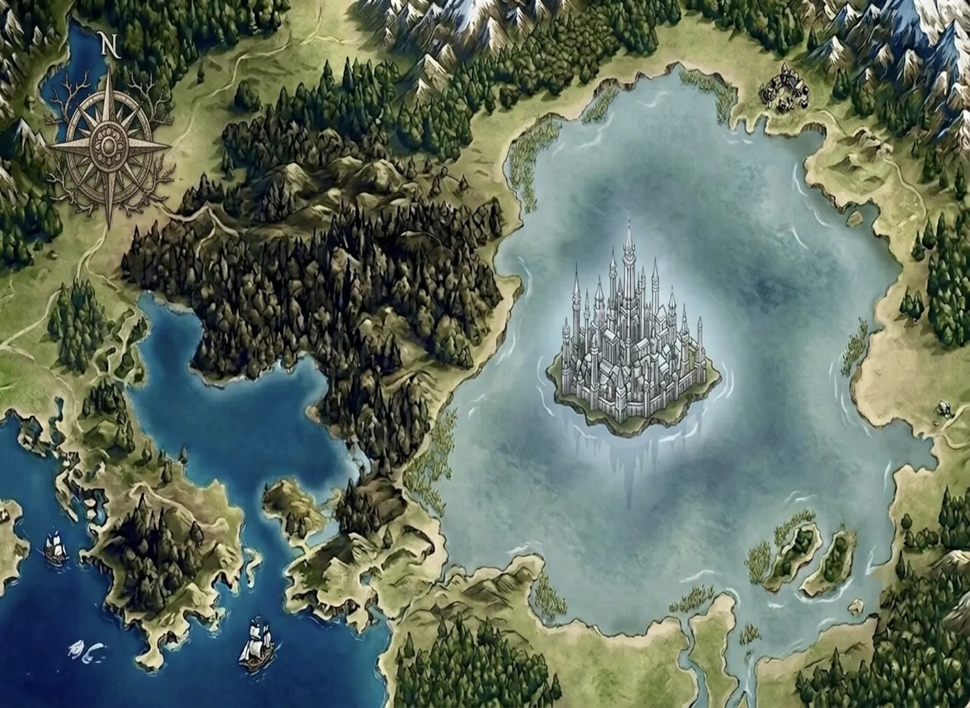 Carte de l’Île des Larmes : Vandelle au centre du Lac des Sanglots.