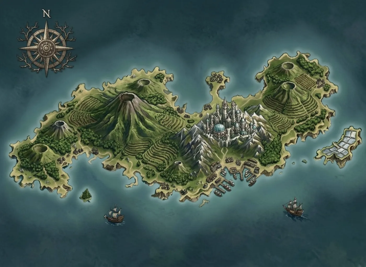 Carte des Îles du Soleil : Solane, Nacrelle, Soryel et la Rade des Voiles.