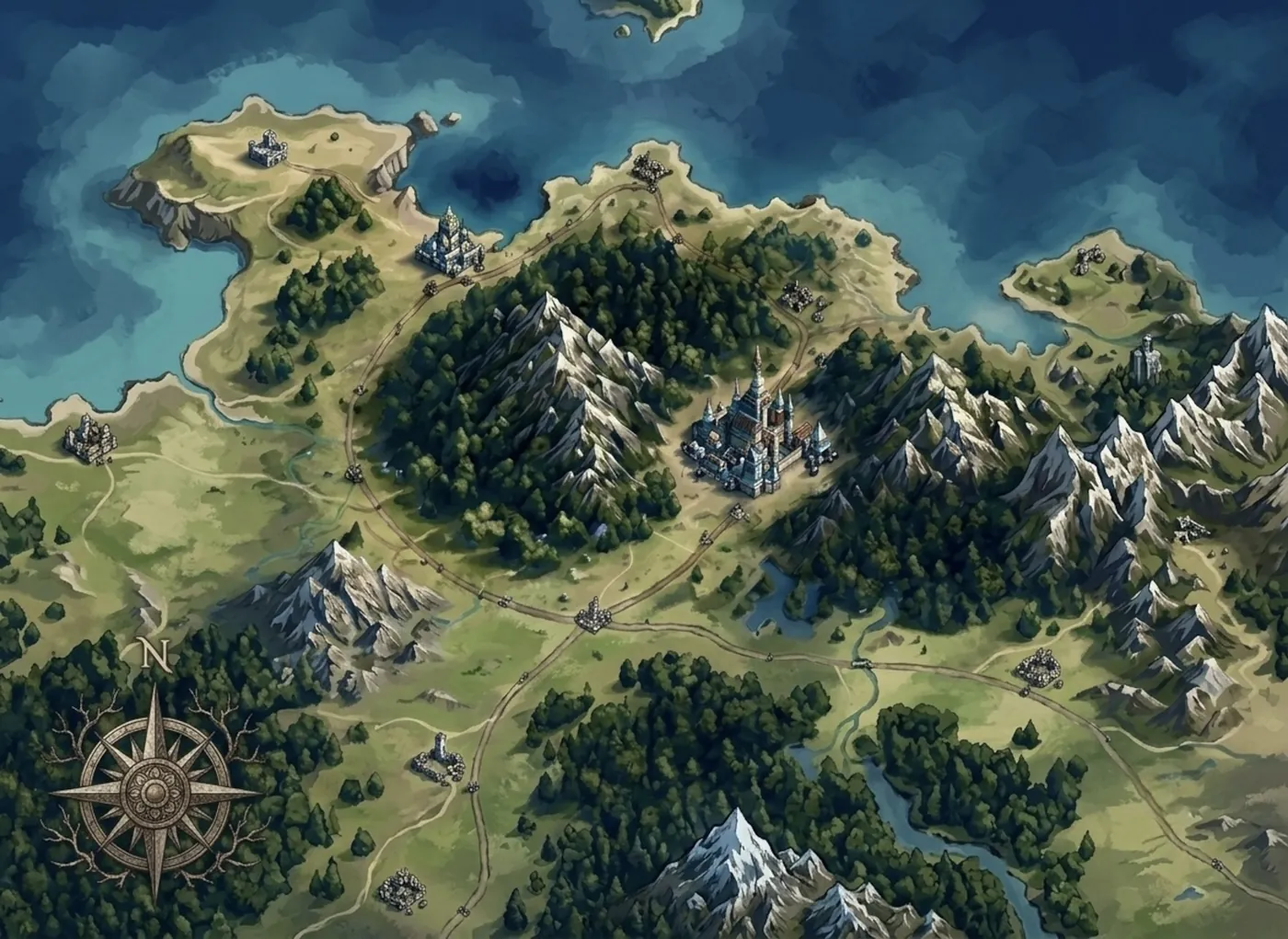 Carte de Sylvanor : Yigor’s et Alméria dans la forêt, le port sur la côte.