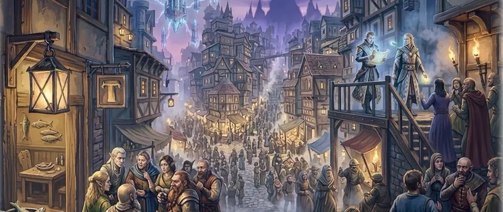 Une rue animée d’Edrassia, entre lanternes, étals et façades à colombages, sous un ciel d’orage violet.