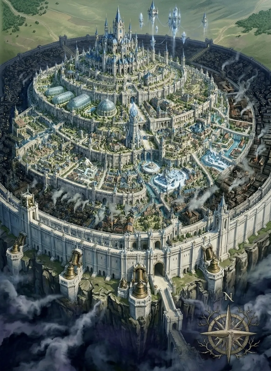 Vue aérienne de la Cité-Mandala : six anneaux concentriques de murailles, un palais au sommet et des tours de cristal suspendues au-dessus.