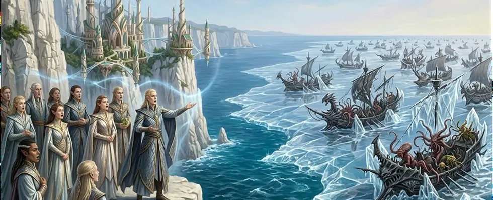 Des Hauts Mages en robes claires sur une falaise face à une flotte de navires démoniaques prise dans l’eau de mer cristallisée.