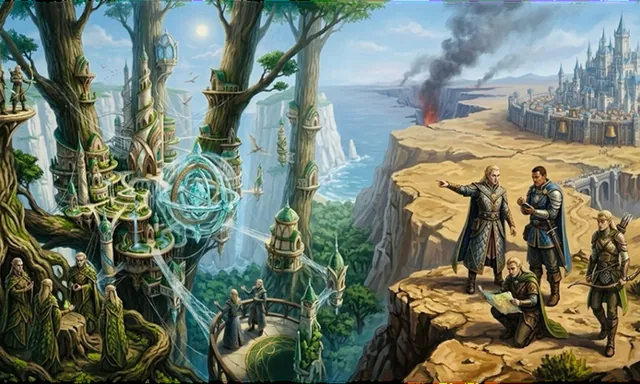 Wing, la cité suspendue entre d’immenses arbres, face à une falaise de sable où des voyageurs observent une colonne de fumée.