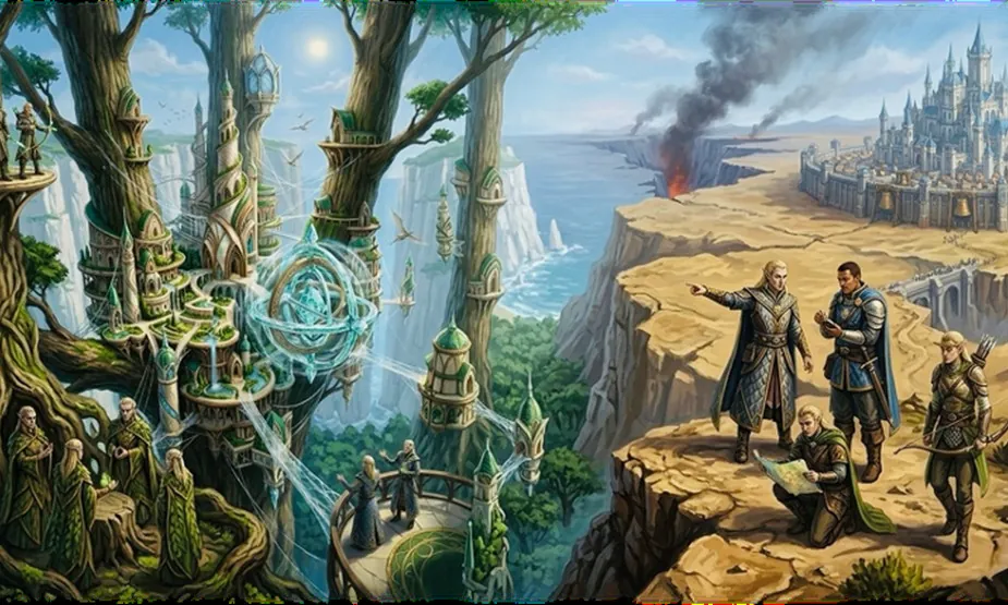 Wing, la cité suspendue entre d’immenses arbres, face à une falaise de sable où des voyageurs observent une colonne de fumée.