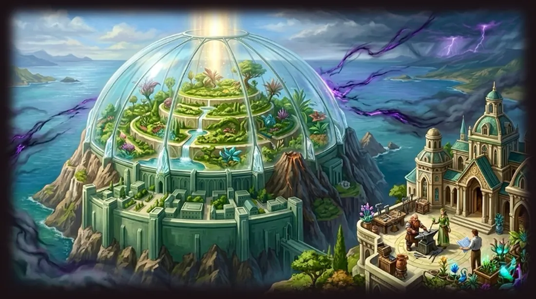L’Île d’Émeraude sous son dôme de verre : des jardins en terrasses, une cité de pierre verte et, à droite, la ville d’Ombrelle sous des éclairs violets.