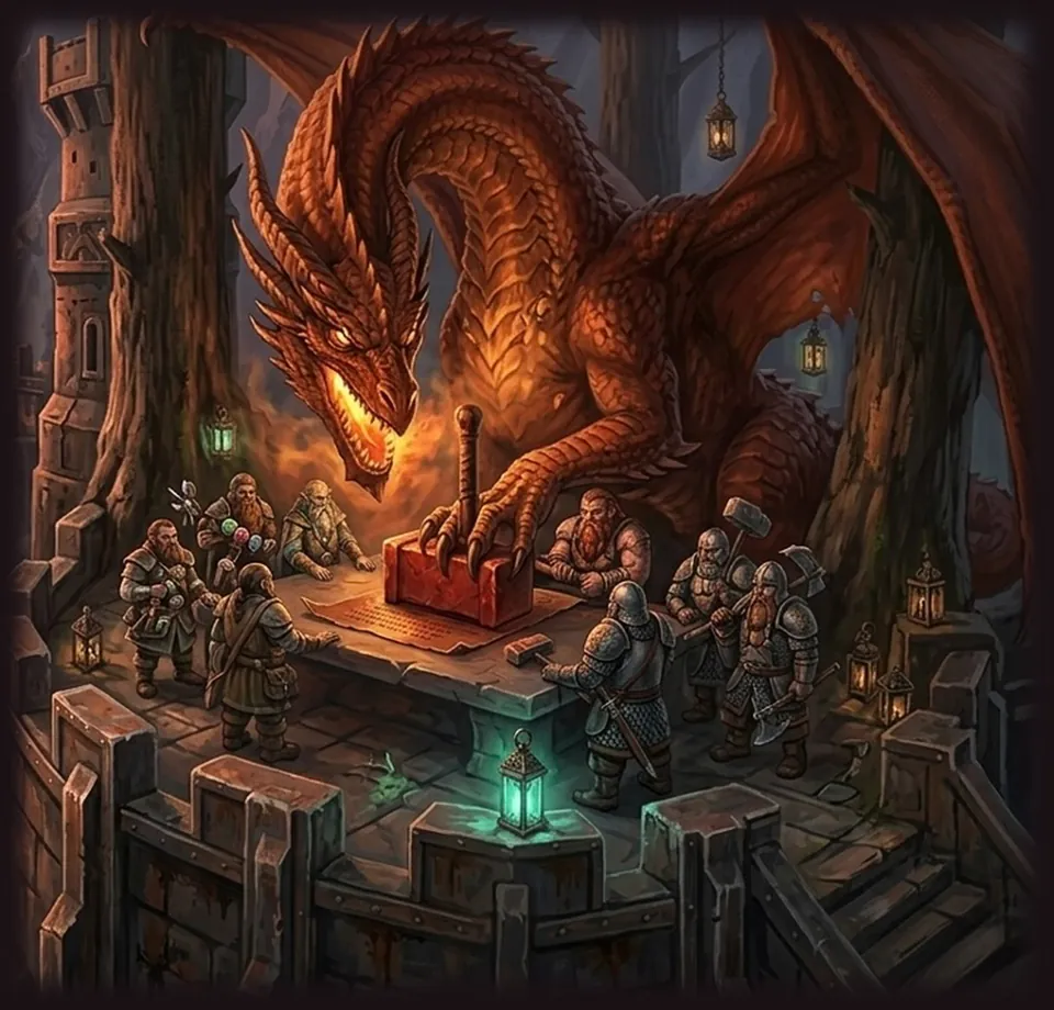 Un dragon rouge pose la patte sur un bloc de métal rouge au centre d’une table, entouré de Nains en armure.