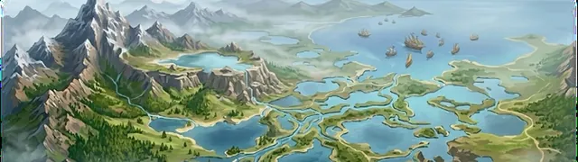 Vue du royaume des mille Lacs : des lacs reliés par des canaux entre des montagnes et des forêts, des navires à l’horizon.