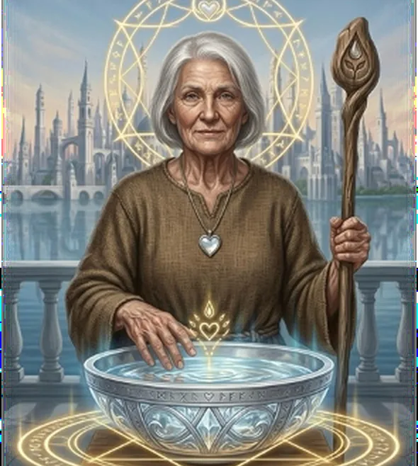 Portrait de Mère Isolde, une femme aux cheveux blancs en bure simple, une main au-dessus d’une vasque d’eau.