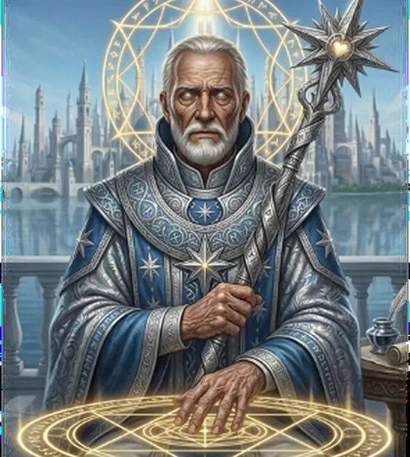 Portrait de l’Archimandrite Valerius, un homme âgé en robe bleue, les mains posées sur une vasque d’eau.