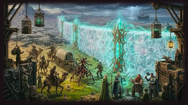 Le Mur de Sel : une barrière de cristal lumineux le long d’un désert, des caravanes et des mages à son pied, des cages et des grues de port au premier plan.