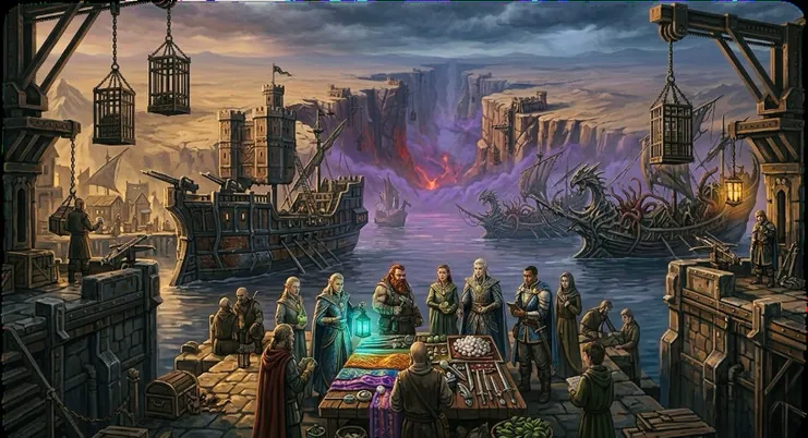 Un quai de Port Morstan : un marché de marchandises, des navires de commerce et, à l’horizon, une lueur violette au-dessus de la mer.