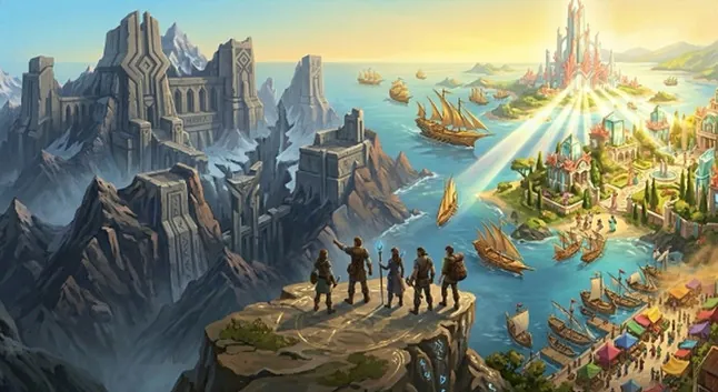 Soryel, cité de verre et de corail baignée de rayons de soleil, vue depuis une falaise par des voyageurs.