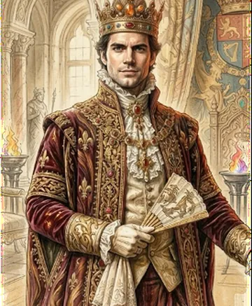 Le Roi Titus, un homme élégant au visage fier, en manteau brodé de rouge et d’or, un éventail à la main.